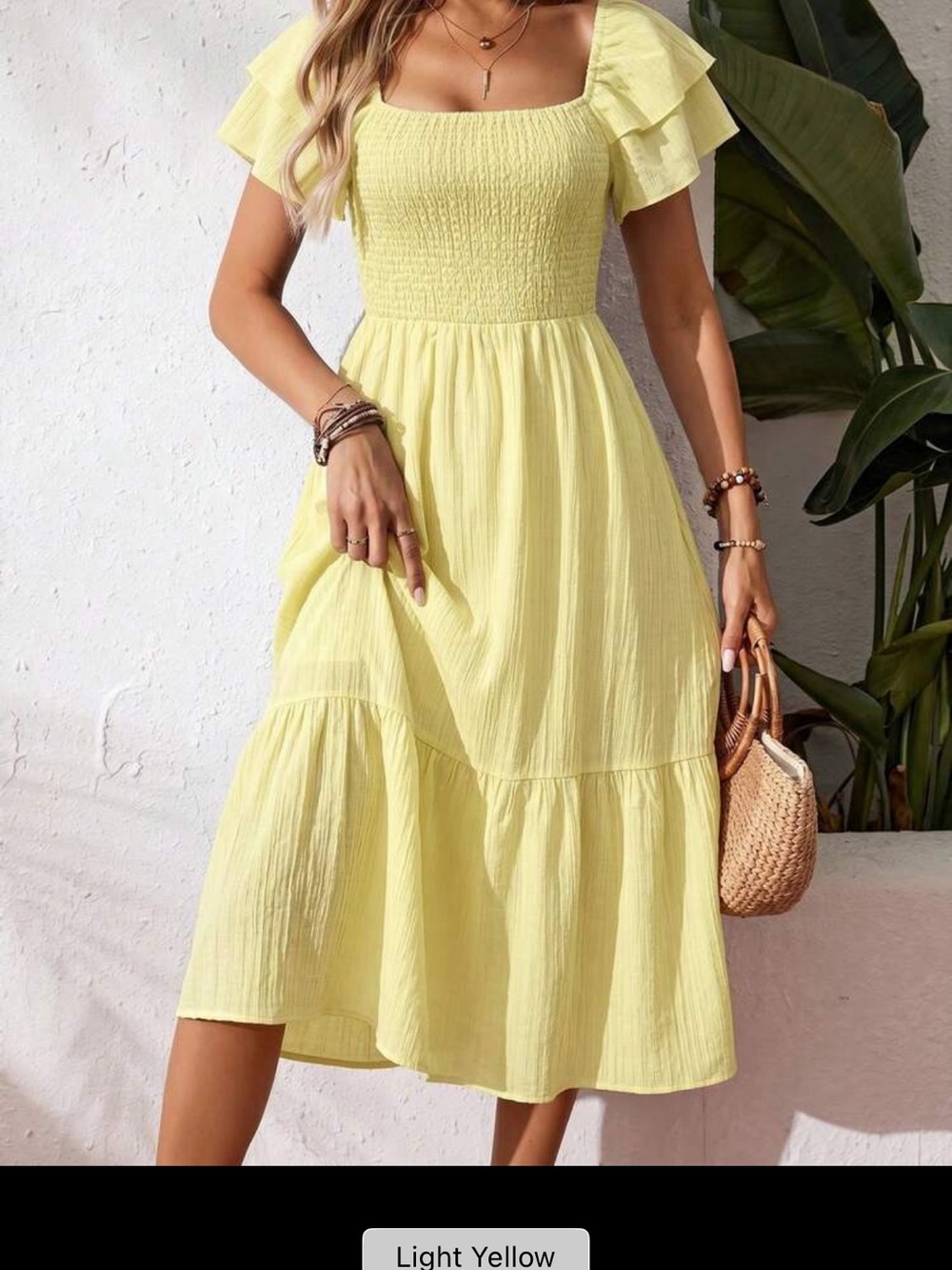 Light Yellow Square Neck Ruffle Sleeve Midi Dress